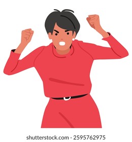 Crazy mad business woman cartoon character in hysteria feeling rage showcasing aggressive reaction attacking with clenched fist and teeth defending rights vector illustration isolated on white