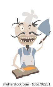 Crazy mad chef cook  holding the big axe on the kitchen
