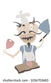 Crazy mad chef cook  holding the big axe and pork leg on the kitchen
