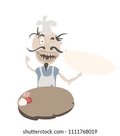Crazy mad pizza chef cook holding pizza