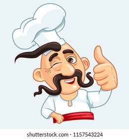 Crazy man as a chef with a satisfied, proud and happy look with thumbs up, signaling OK with one hand, sending a positive, "alright' message.
