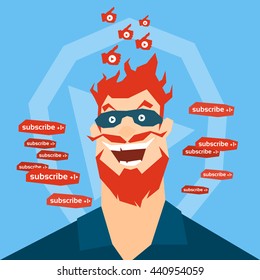 Crazy Man Face Video Blog Concept Flat Vector Illustration