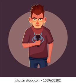 Crazy man highlights his face with flashlight. Person in the dark. Cartoon vector illustration.
