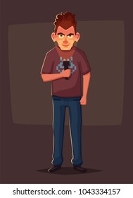 Crazy man highlights his face with flashlight. Person in the dark. Cartoon vector illustration.