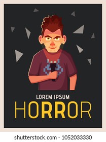 Crazy man highlights his face with flashlight. Person in the dark. Cartoon vector illustration.