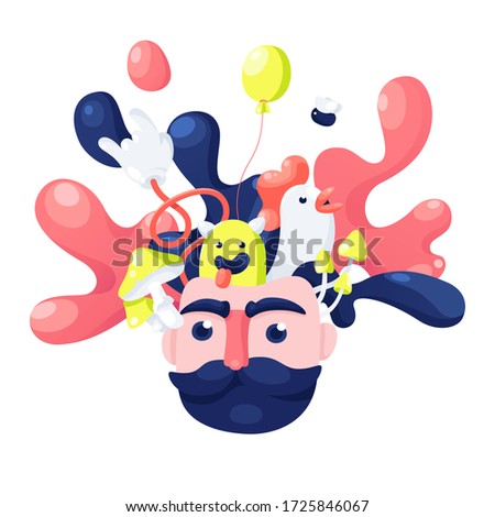 Crazy man. Crazy ideas, monsters, chicken, mushrooms, balloons in the mans head. Modern vector illustration on white background.