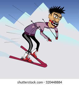Crazy man on ski sliding down from the mountain
