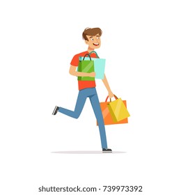 Crazy man with paper shopping bags, shopaholic man bad habit vector Illustration