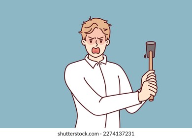 Crazy man threatens to hit with hammer and screams suffering from mental disorder causing aggression and nervousness. Manager with hammer symbolizing strictness and aggression towards employees