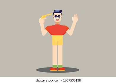 A crazy man tries to blow the trigger, Asian character illustration. Simple vector illustration, this illustration can use as a sticker also.