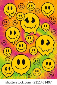 Crazy melt smile faces,tie dye vertical background.Vector tie dye crazy cartoon character illustration.Smile smiley hippie faces,60s melt acid,trippy,tiedye backgroun,pattern,wallpaper print concept
