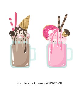 Crazy milkshakes set. Set of cute cartoon vector illustrations. Non-alcoholic beverages. Sweet, chocolate, strawberry drinks