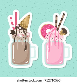 Crazy milkshakes set. Non-alcoholic beverages. Sweet, chocolate, strawberry drinks