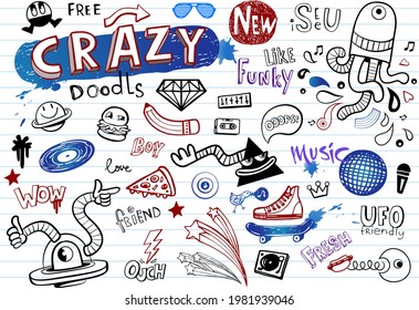 Crazy modern doodles, hand-drawn teens illustrations