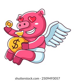 Crazy money winged pig, holding gold coins, heart-eyed. Cartoon illustration on white background