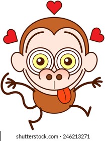 Crazy monkey with big ears, funny bulging eyes and long tail while smiling enthusiastically, jumping out of joy, sticking its tongue out and feeling madly in love