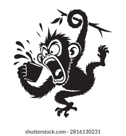 Crazy monkey hanging from a tree branch while drinking coffee from a mug Vector