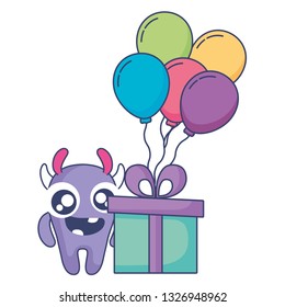 crazy monster with gift and balloons helium character