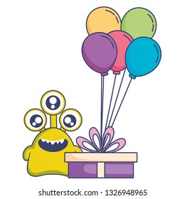 crazy monster with gift and balloons helium character