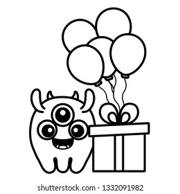 crazy monster with gift and balloons helium character