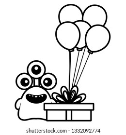 crazy monster with gift and balloons helium character