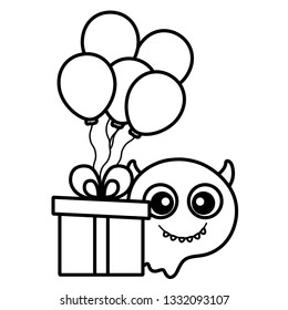 crazy monster with gift and balloons helium character