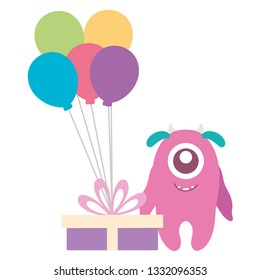 crazy monster with gift and balloons helium character