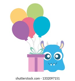 crazy monster with gift and balloons helium character