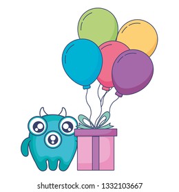 crazy monster with gift and balloons helium character