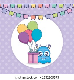 crazy monster with gift and balloons helium character