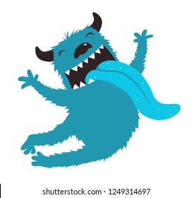 Crazy Monster Showing Tongue Jumping. Character design cartoon fluffy with horns and big tongue out.