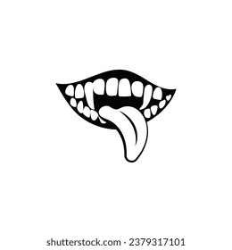 Crazy monster smile with tongue. Creepy beast joy with sharp teeth and ferocious vampiric grin for halloween and demonic vector design