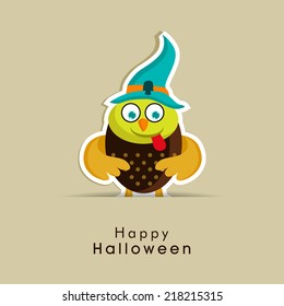 Crazy monster in witch hat on beige background for Happy Halloween party celebrations. 