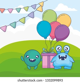 crazy monsters with gift and balloons helium in the field