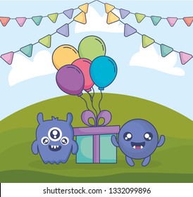 crazy monsters with gift and balloons helium in the field
