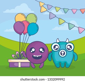 crazy monsters with gift and balloons helium in the field