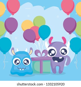 crazy monsters with gift and balloons helium