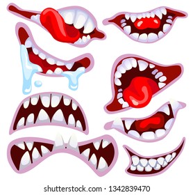 Crazy monster's open mouth full of teeth isolated on the white background. Smile halloween monster. Element for your design. EPS 10