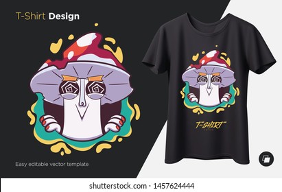 Crazy mushroom. Prints on T-shirts, sweatshirts, cases for mobile phones, souvenirs. Isolated vector illustration on black background.