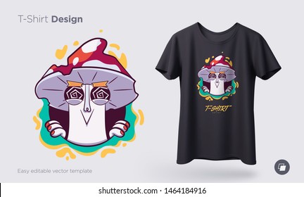 Crazy mushroom. Prints on T-shirts, sweatshirts, cases for mobile phones, souvenirs. Isolated vector illustration on white background.