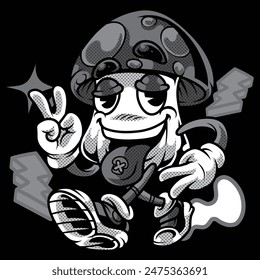 Crazy Mushroom Retro Cartoon in Black and White Illustration