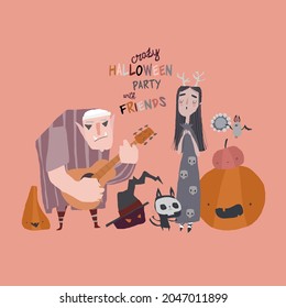 Crazy Music Party with Band of Cartoon Halloween Characters