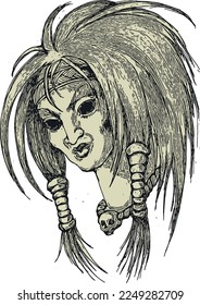 A crazy mythological female character with dark eyes. Symbol for t-shirt print or tattoo. Vector illustration
