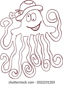 Crazy octopus with hat. Vector illustration in flat design