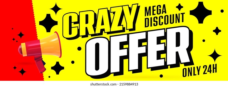 Crazy offer mega discount sale banner. Special offer, price clearance or free order delivery only 24 hour vector illustration. Sale banner with loudspeaker announcement