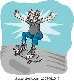 Crazy old grandfather skateboarding cartoon. on background. vector illustration