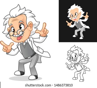 Crazy Old Man Professor with Glasses Sticking Tongue Out and Gesturing Loser Cartoon Character Design, Including Flat and Line Art Designs, Vector Illustration, in Isolated White Background.