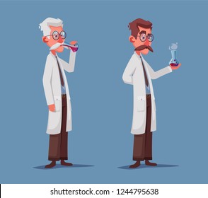 Crazy old scientist is conducting a scientific experiment. Funny character. Cartoon vector illustration. Mad professor. Person with glasses brought back youth