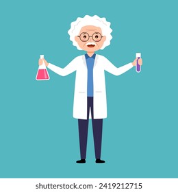 Crazy old scientist funny character cartoon vector illustration. Mad professor. 