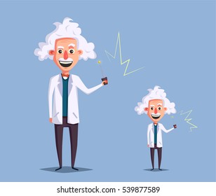 Crazy old scientist. Funny character. Cartoon vector illustration. Mad professor. Science experiment. Remote controller. Big and little man. Human reduction
